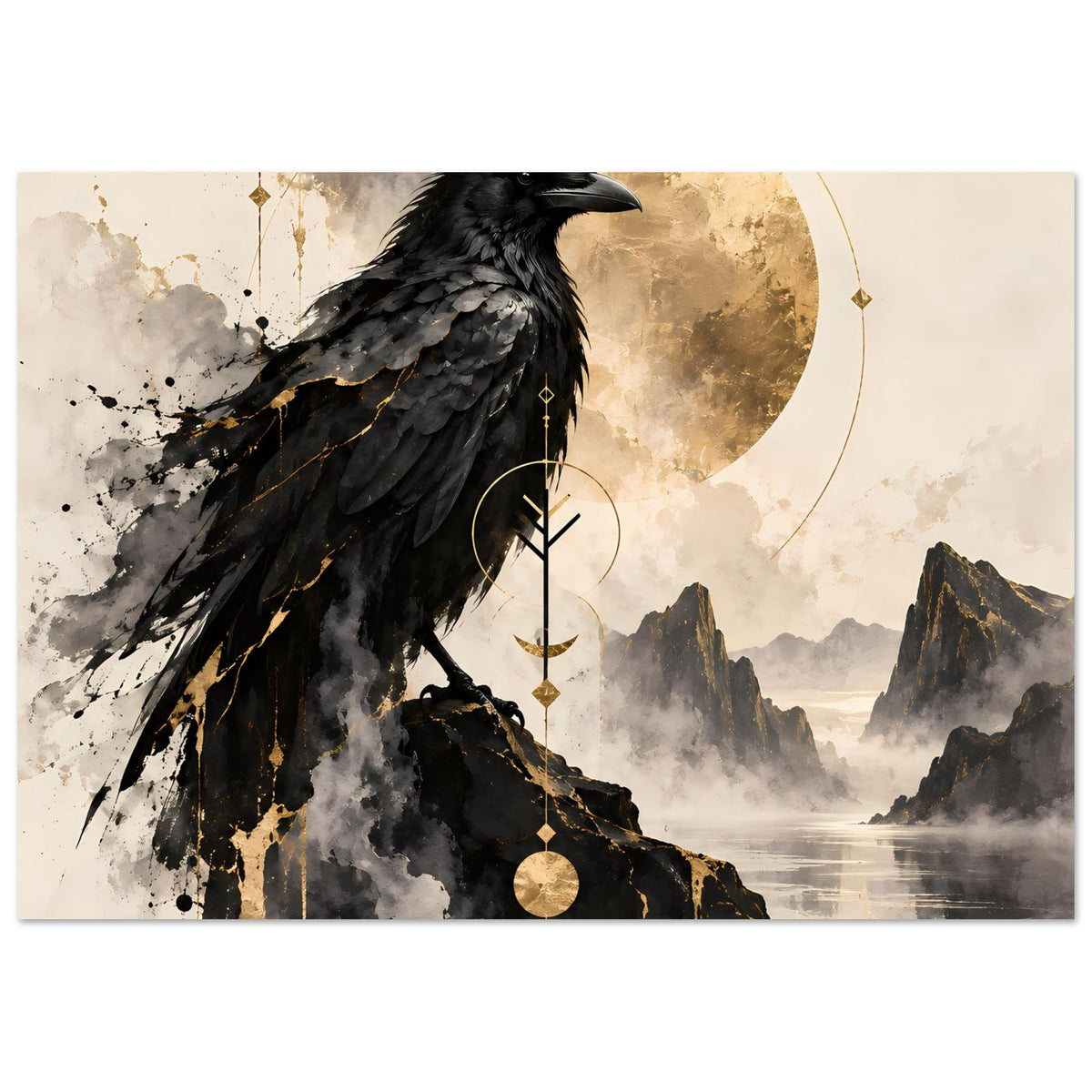 Raben-Vogelkunst-Poster mit schwarzem Rabe und goldenen Akzenten, rechteckig