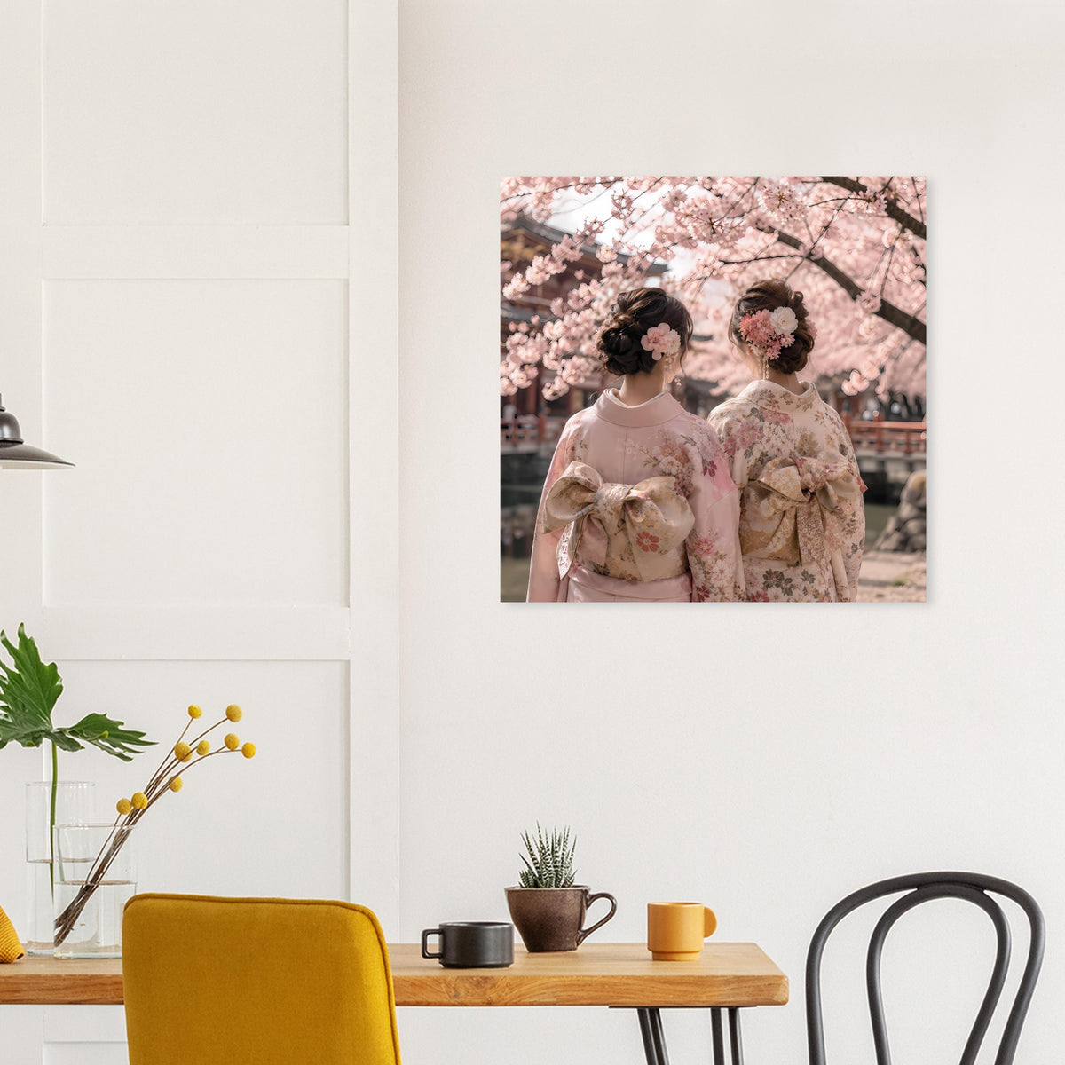 Gerahmtes Wandposter mit Kirschblüten und zwei Frauen mit Blumenkränzen