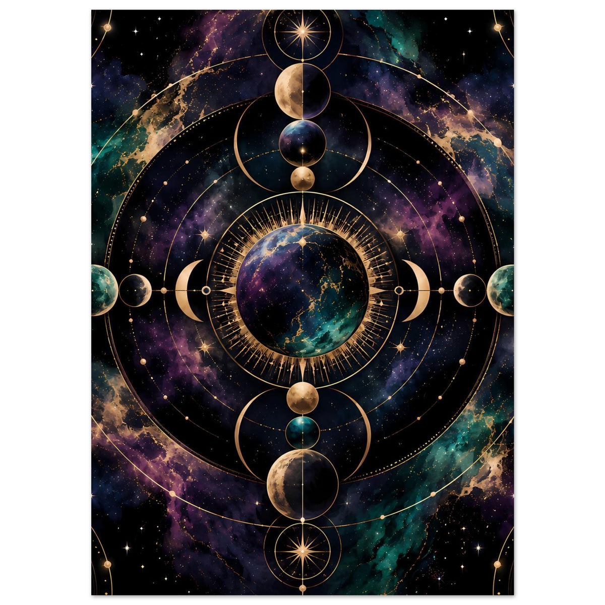 Poster mit kosmischer Mondphasen-Grafik, großer Kreis mit Linien und Planeten im Zentrum