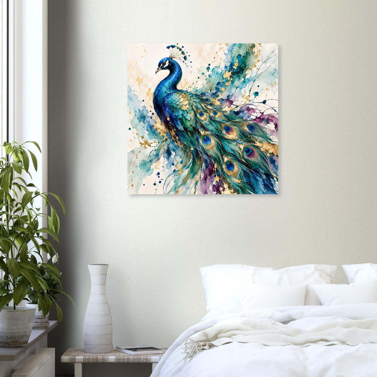 Aquarell-Poster Pfau mit blauen und grünen Federn, goldene Punkte und violette Farbtupfer