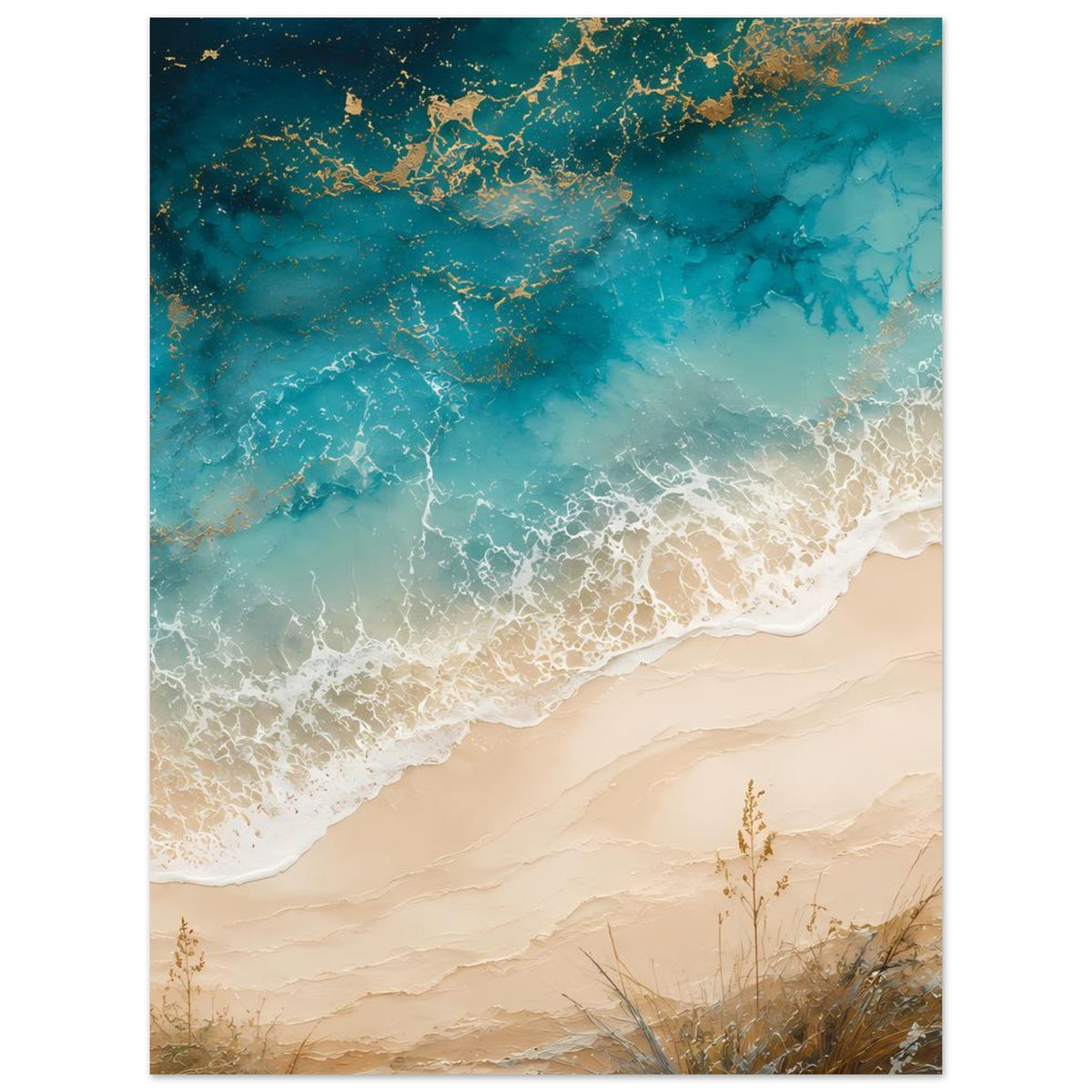 Küstenposter im Hochformat mit türkisblauem Meer, goldenen Akzenten und beigem Sandstrand