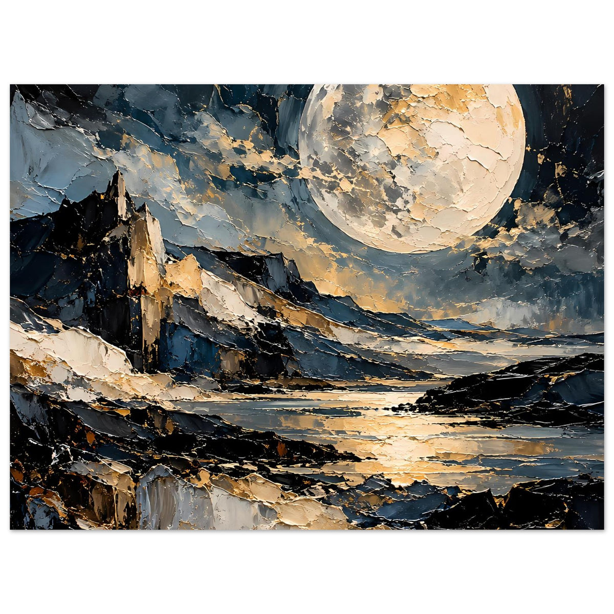 Mondschein-Poster: goldener Vollmond über Berge und See, kräftige Pinselstruktur.