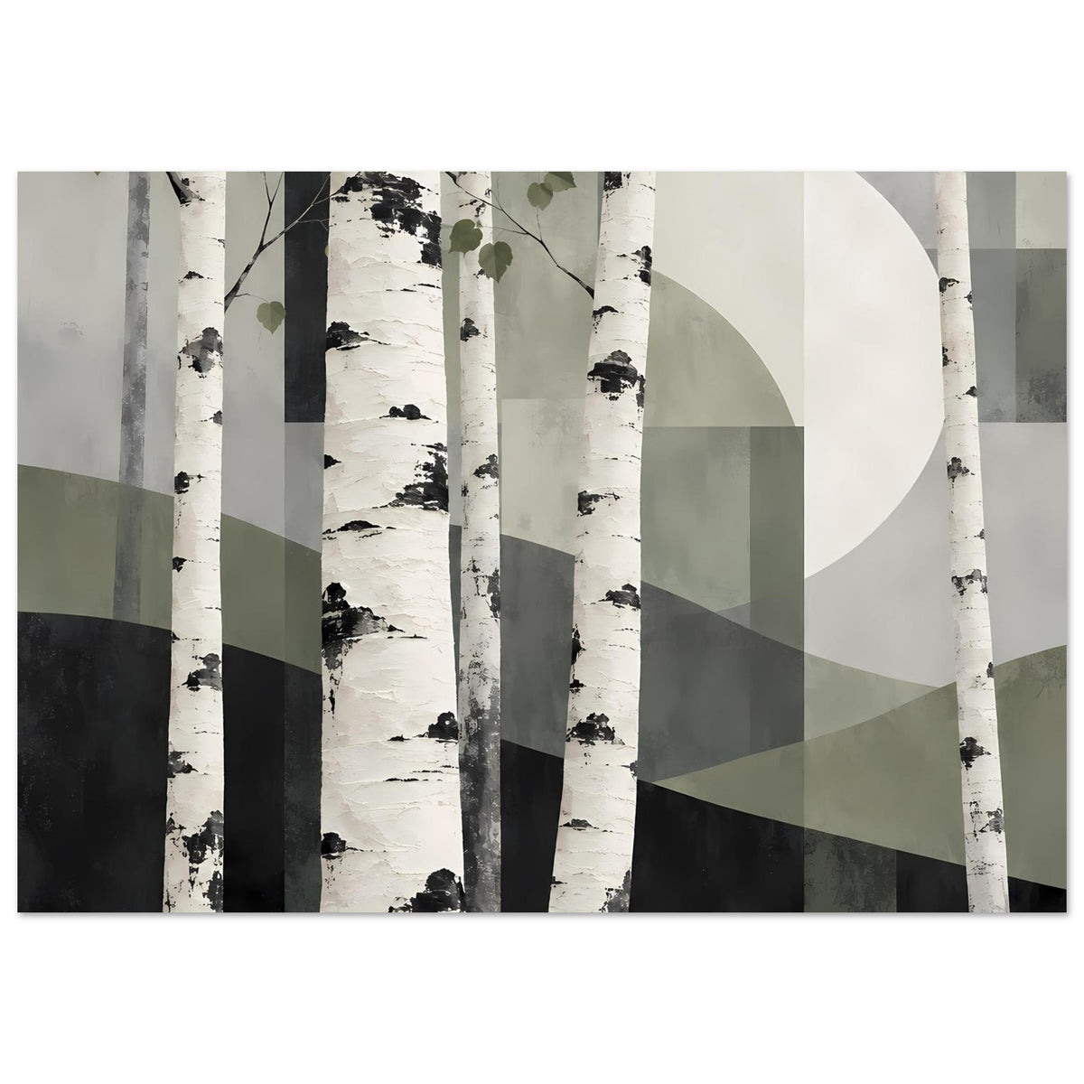 Naturposter Birkenwald, helle Stämme mit dunklen Flecken, abstrakte Blöcke im Hintergrund