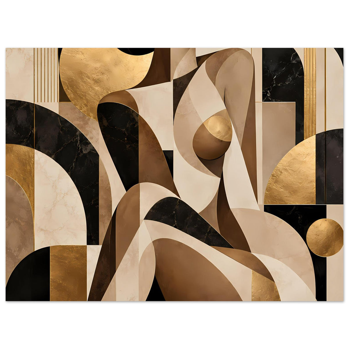 Abstraktes Kunstposter mit goldenen Rundungen, schwarzen und cremefarbenen Bögen sowie beige Strukturen (horizontal)