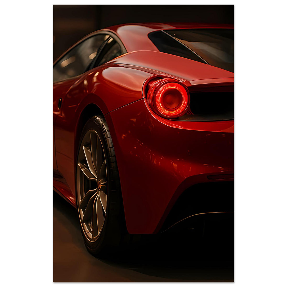 Rotes Sportwagen-Poster: leuchtendes Rücklicht in engerem Bildausschnitt.