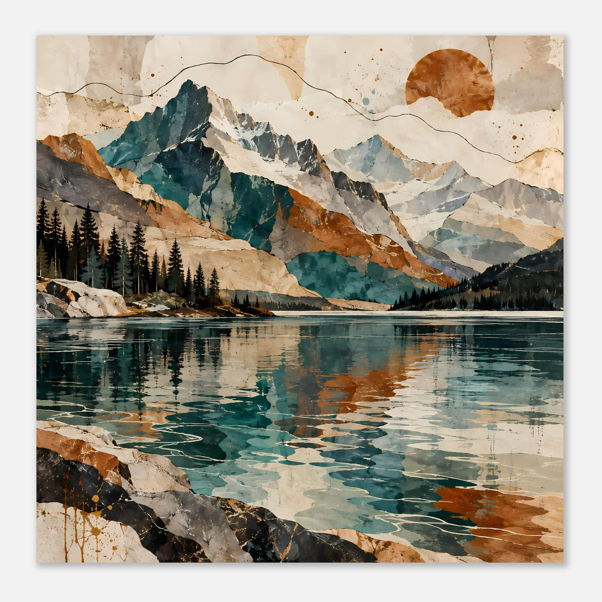 Quadratisch wirkender Kunstdruck mit Berglandschaft, See-Reflexionen und Sonnenscheibe