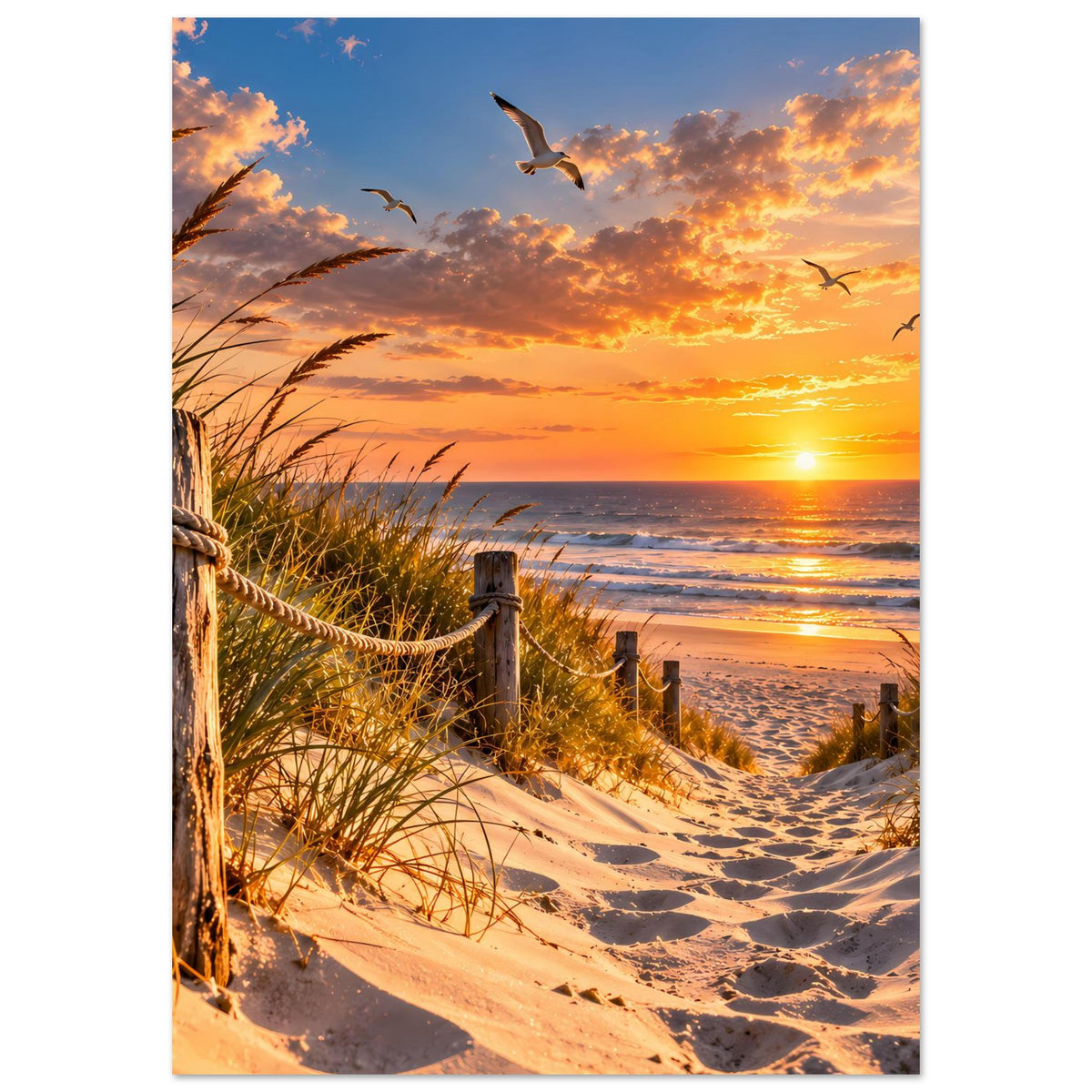 Vertikales Poster: Sonnenuntergang am Meer, Sandweg, Grasbüschel, Holzpfähle und Möwenflug