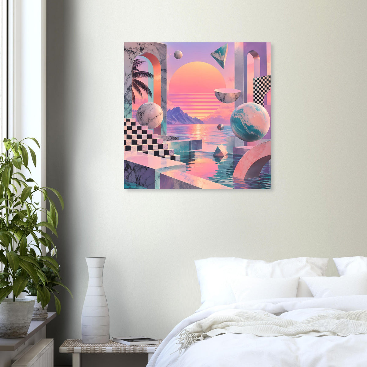 Quadratisches Wandposter mit bunten geometrischen Elementen, Sonnenuntergang und Wasserreflexen