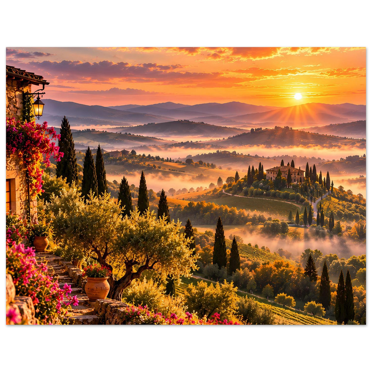 Gerahmtes Poster: toskanische Landschaft im warmen Sonnenuntergang, Sonne, Zypressen und Dunst über Tälern.