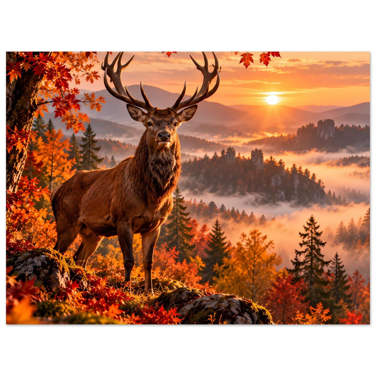 Herbstliches Hirschposter im Querformat mit Geweihhirsch, orange Laub und Sonnenuntergang