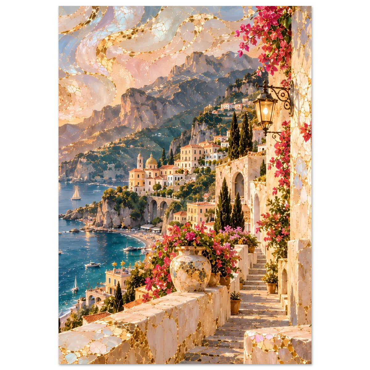 Wandposter mit Küstenpromenade, Laterne und rosa Blumen am Geländer, Sonnenuntergangsstimmung
