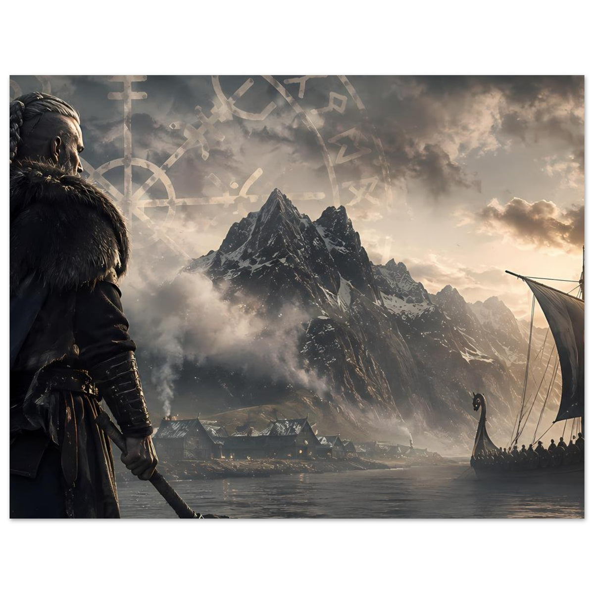 Wikingerposter mit Krieger links, Runenbogen, Berge, Fjord und Langschiff mit Segel