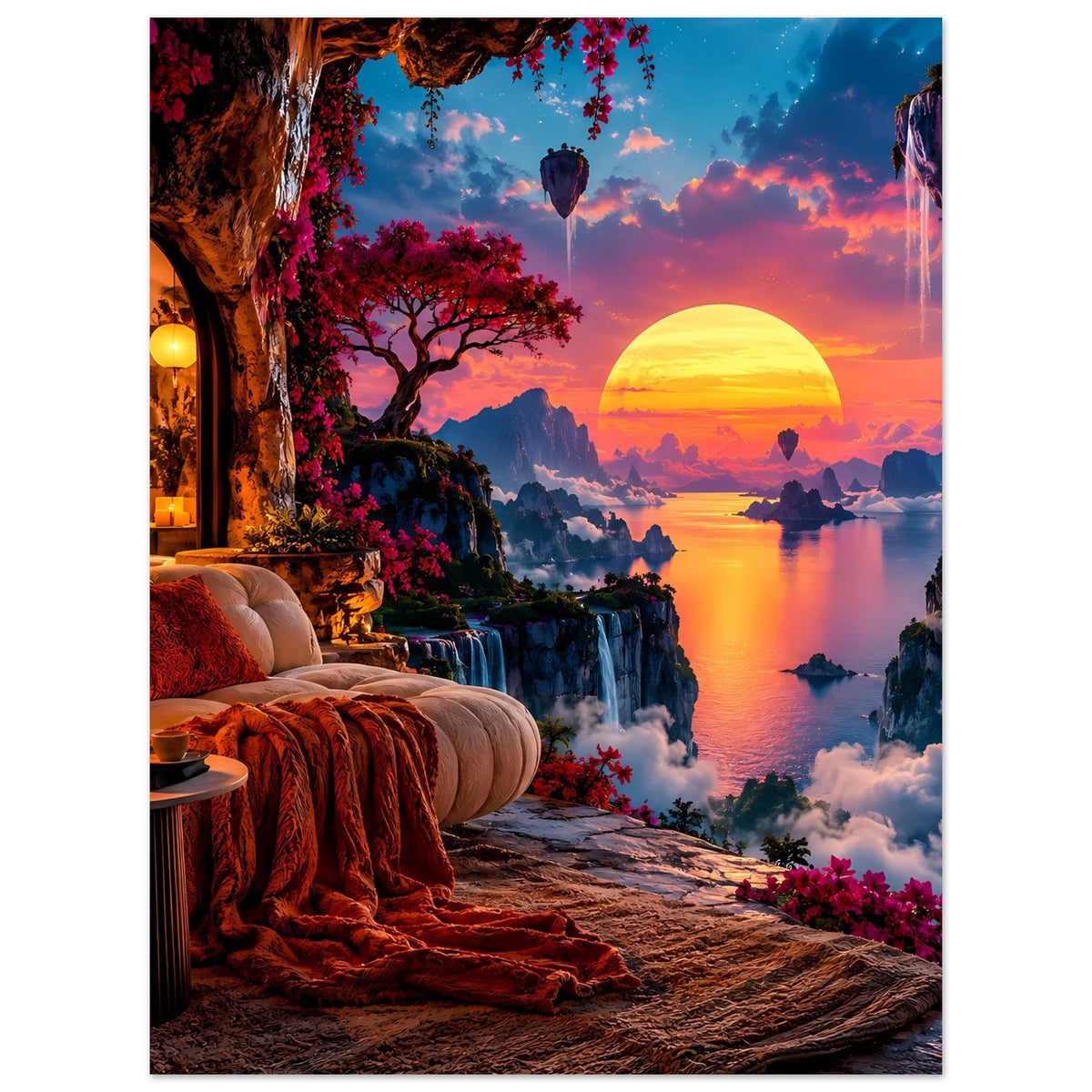 Fantasy-Landschaftsposter im Hochformat: Sonnenuntergang über ruhigem Wasser, Blumen und Kamineinblick