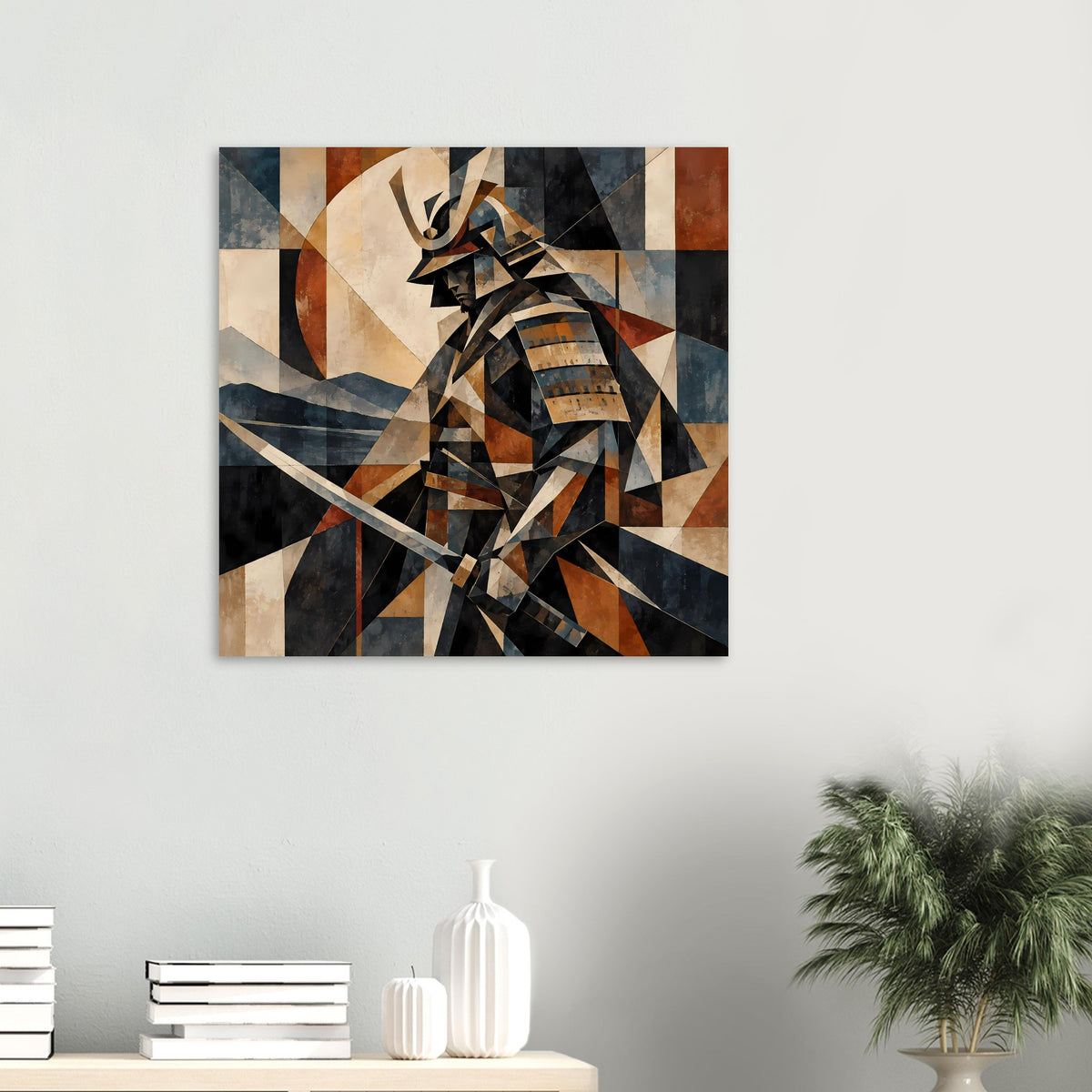 Quadratisches Geometrie-Poster: Samurai-Krieger mit Patchwork-Rüstung in Braun und Blau