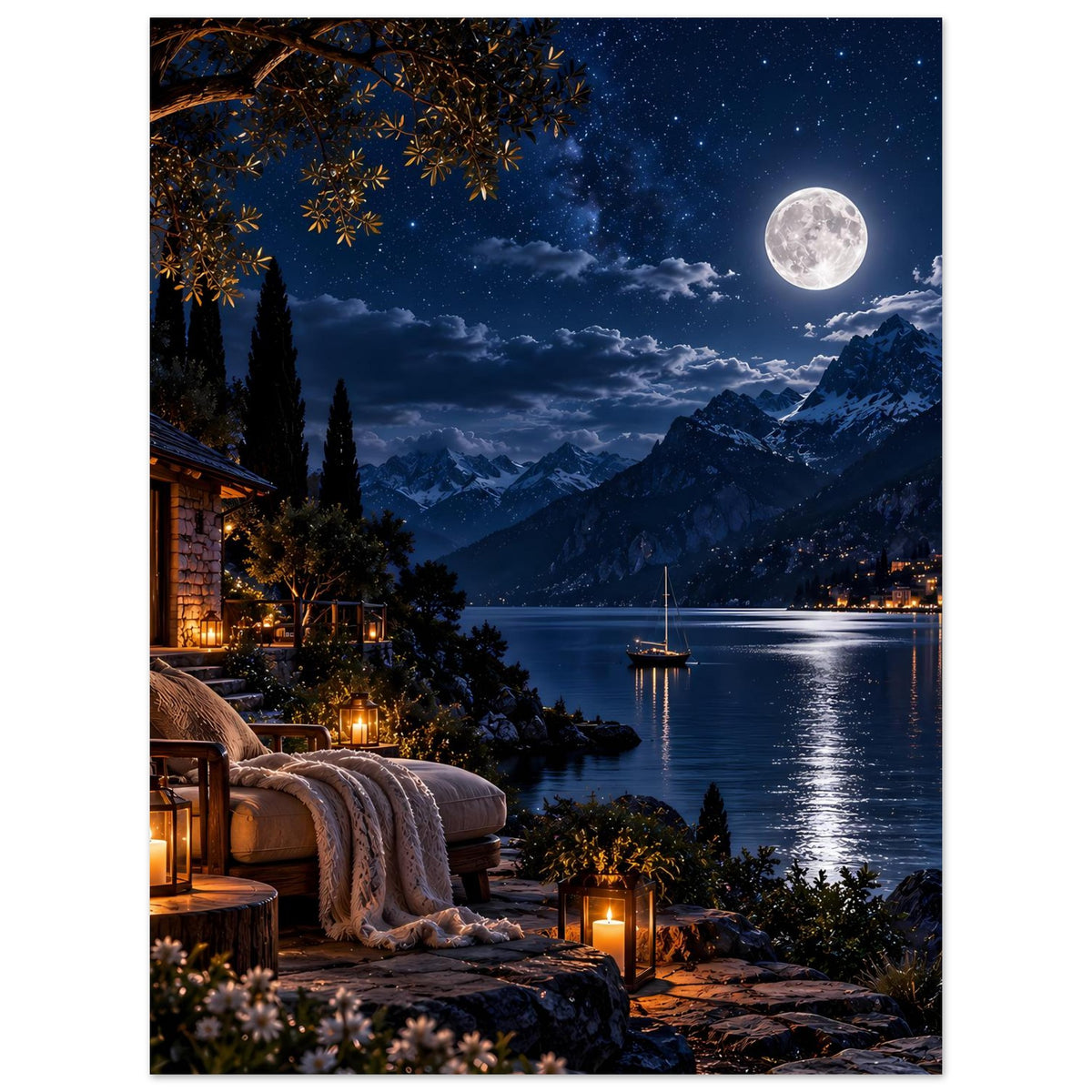 Poster mit Mondschein über Bergsee, warmes Licht der Hütte, Laternen und Decke auf Bank