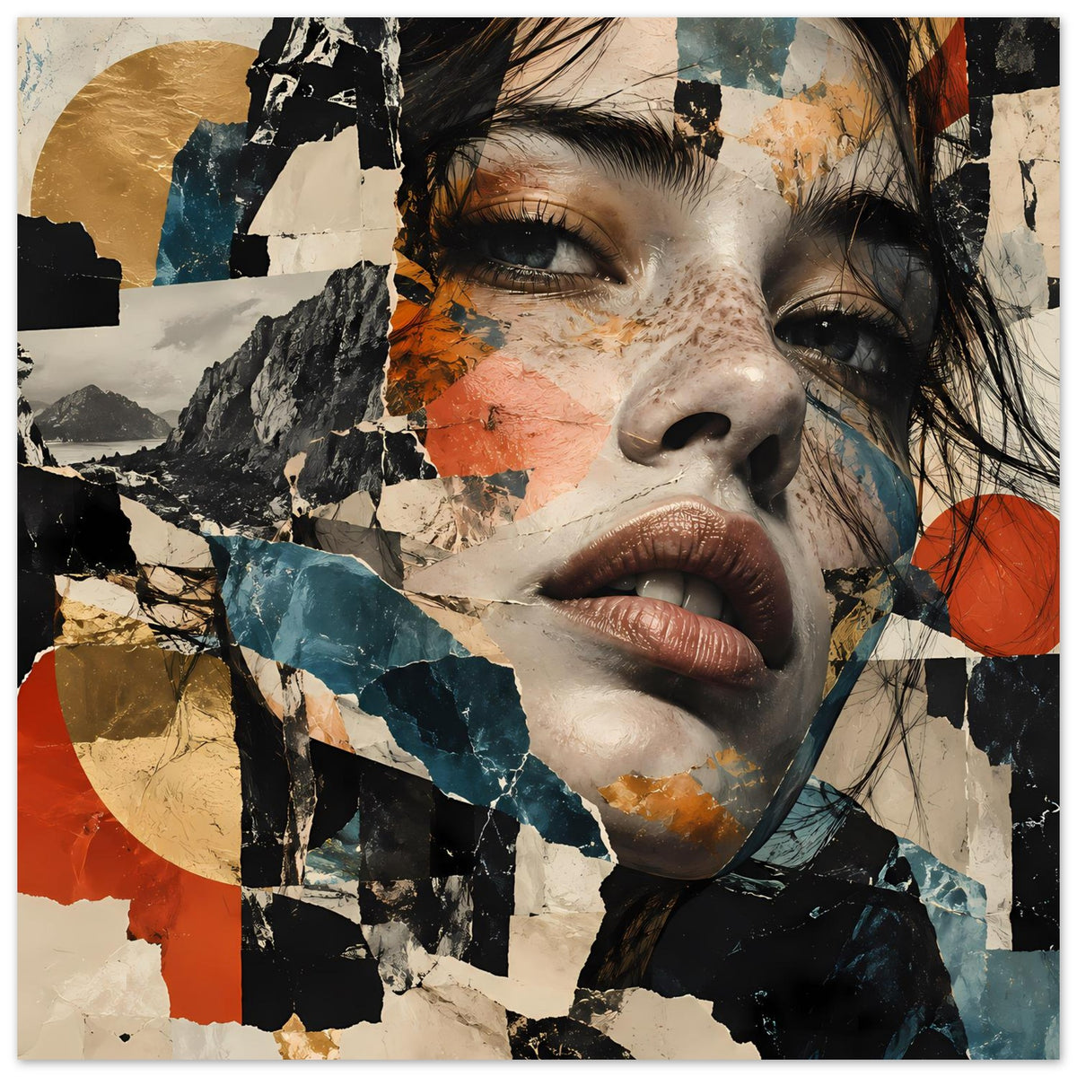 Abstraktes Collage-Porträt einer Frau, breiter Bildausschnitt mit Blau-, Beige- und Terrakottaelementen