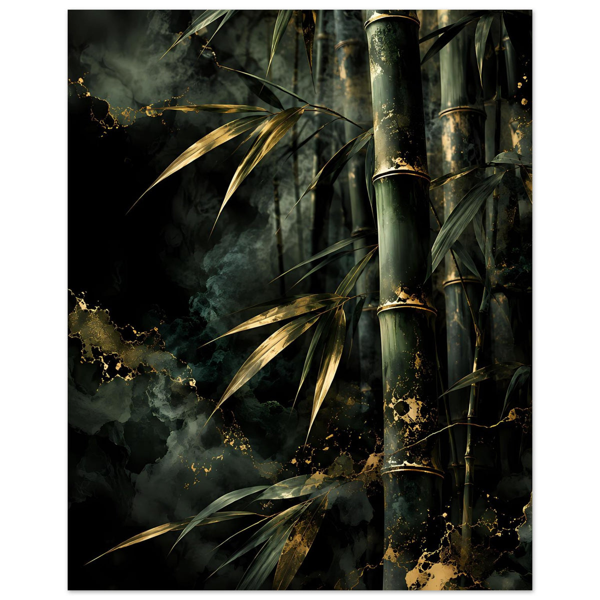 Bambus-Poster im Hochformat: dunkle Bambusstämme, goldene Sprenkel und ausladende Blätter