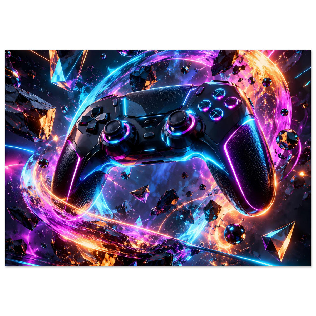Gaming-Controller-Poster mit Neon-Portal: schwarzer Controller, bunte Kollisionseffekte