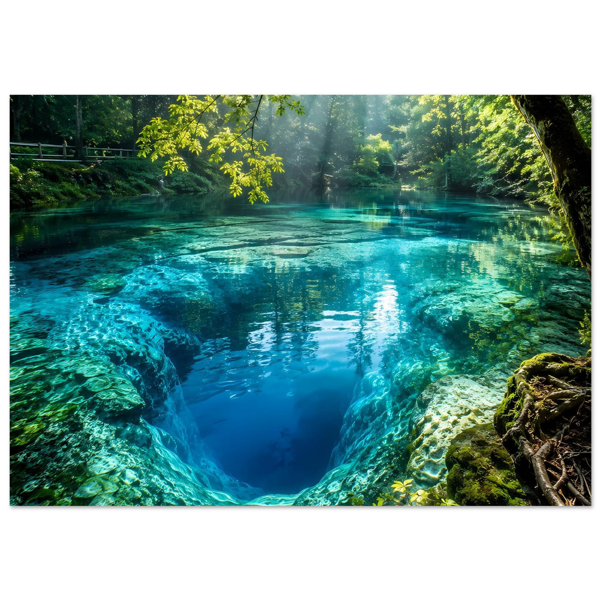 Wandposter mit klarem türkisblauem Wasser, Felsrinnen, Moosflächen und grünem Waldhintergrund