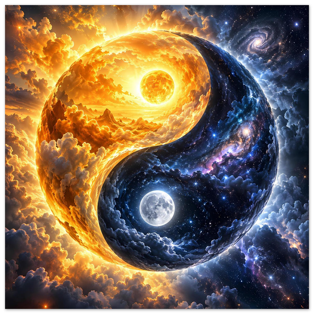 Kosmos-Yin-Yang-Poster mit Yin-Yang-Kreis aus Sonne und Mond, umgeben von Nebeln