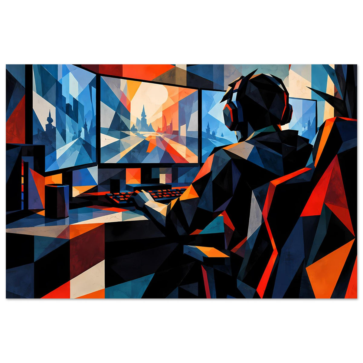 Gaming-Poster im Querformat: Spieler am Controller, abstrakte Blau-Orange Geometrie