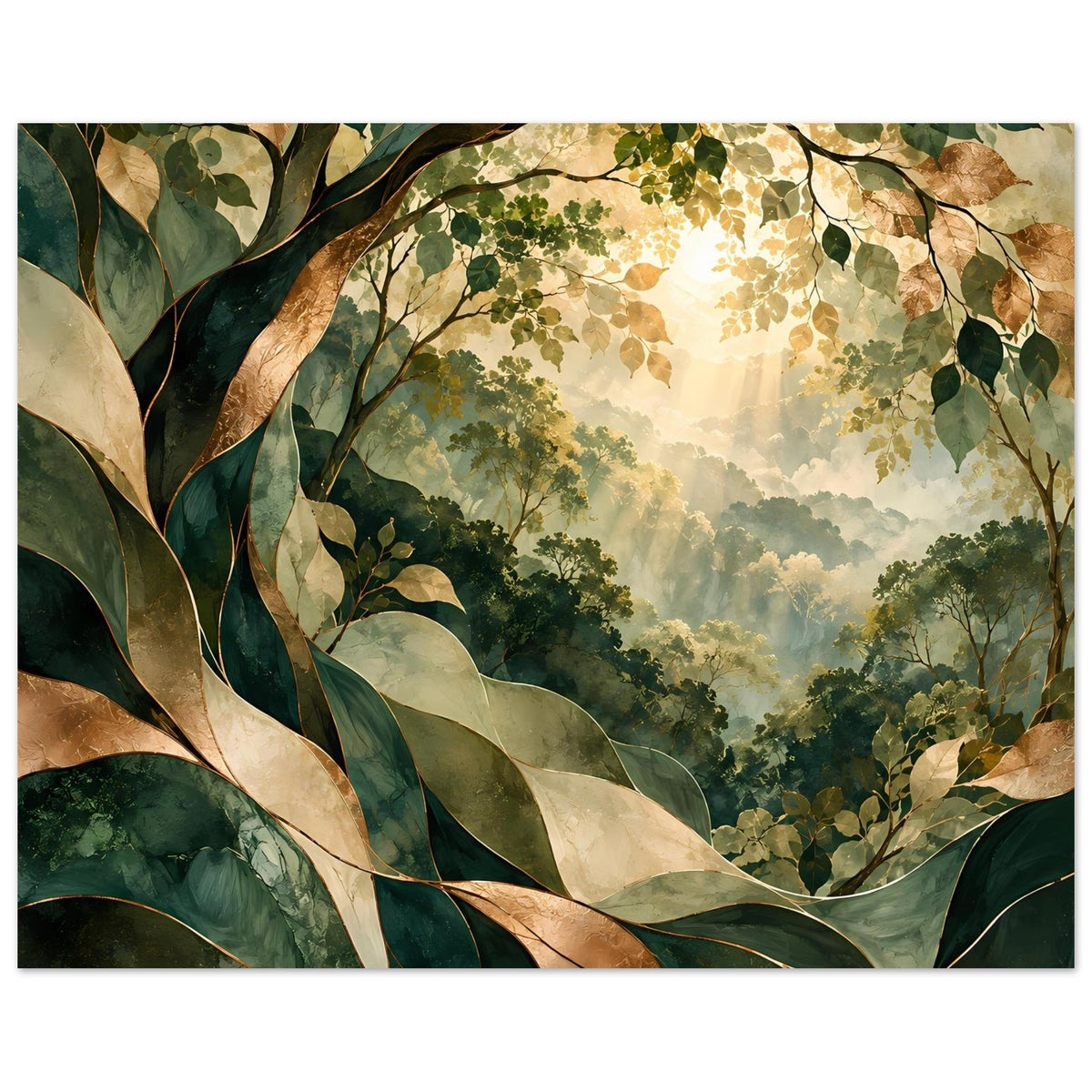 Naturposter im Querformat: farbige Blätter und Blüten im Sonnenlicht über tiefer Waldlandschaft