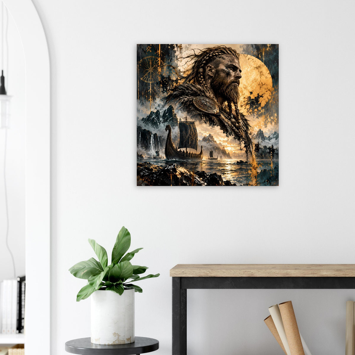 Horizontales Poster: Wikingerkrieger mit Fellkragen, dramatischer Sonnenuntergang