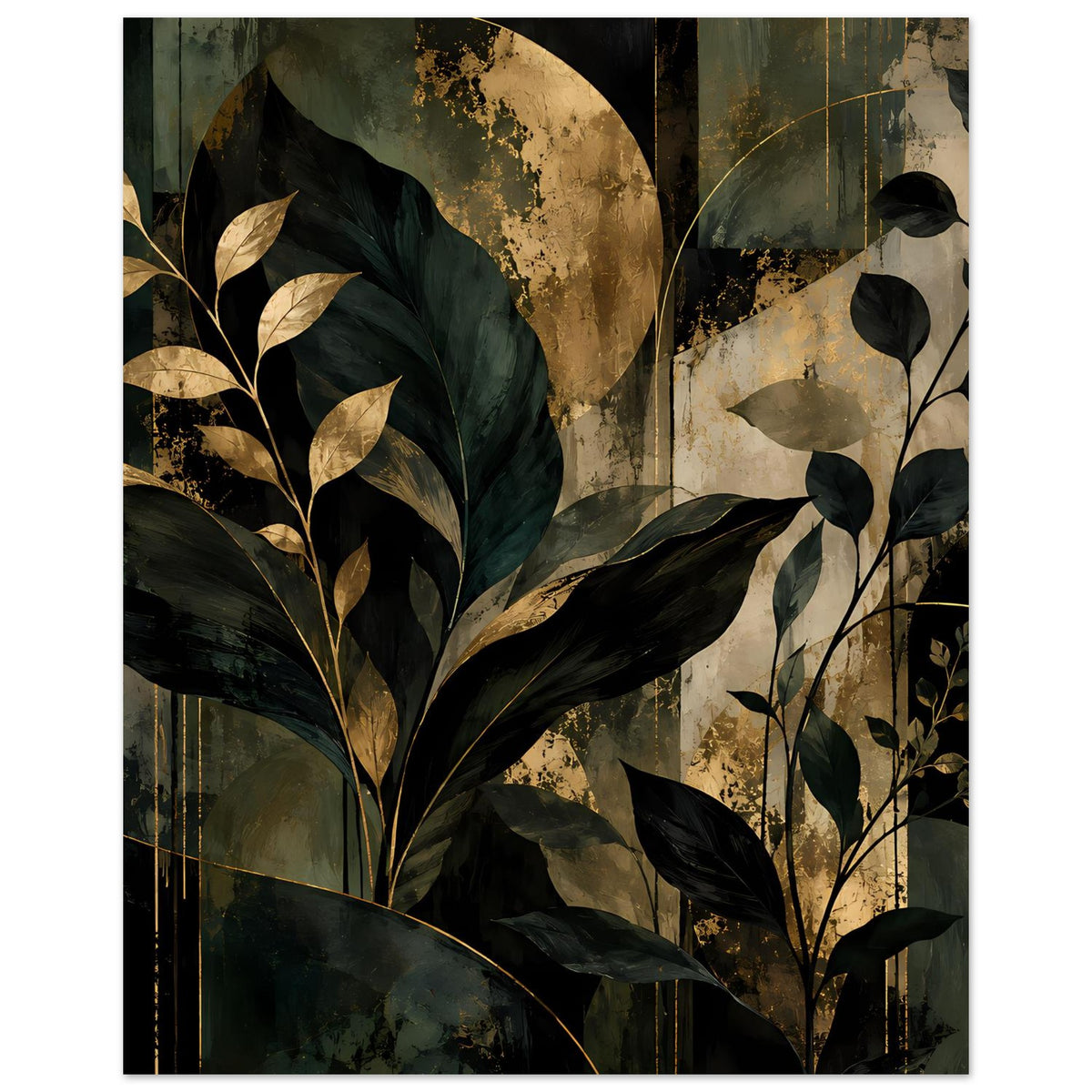 Botanisches Kunstposter mit vielen Blattzweigen, dunkelgrünem Laub und goldenen Details.
