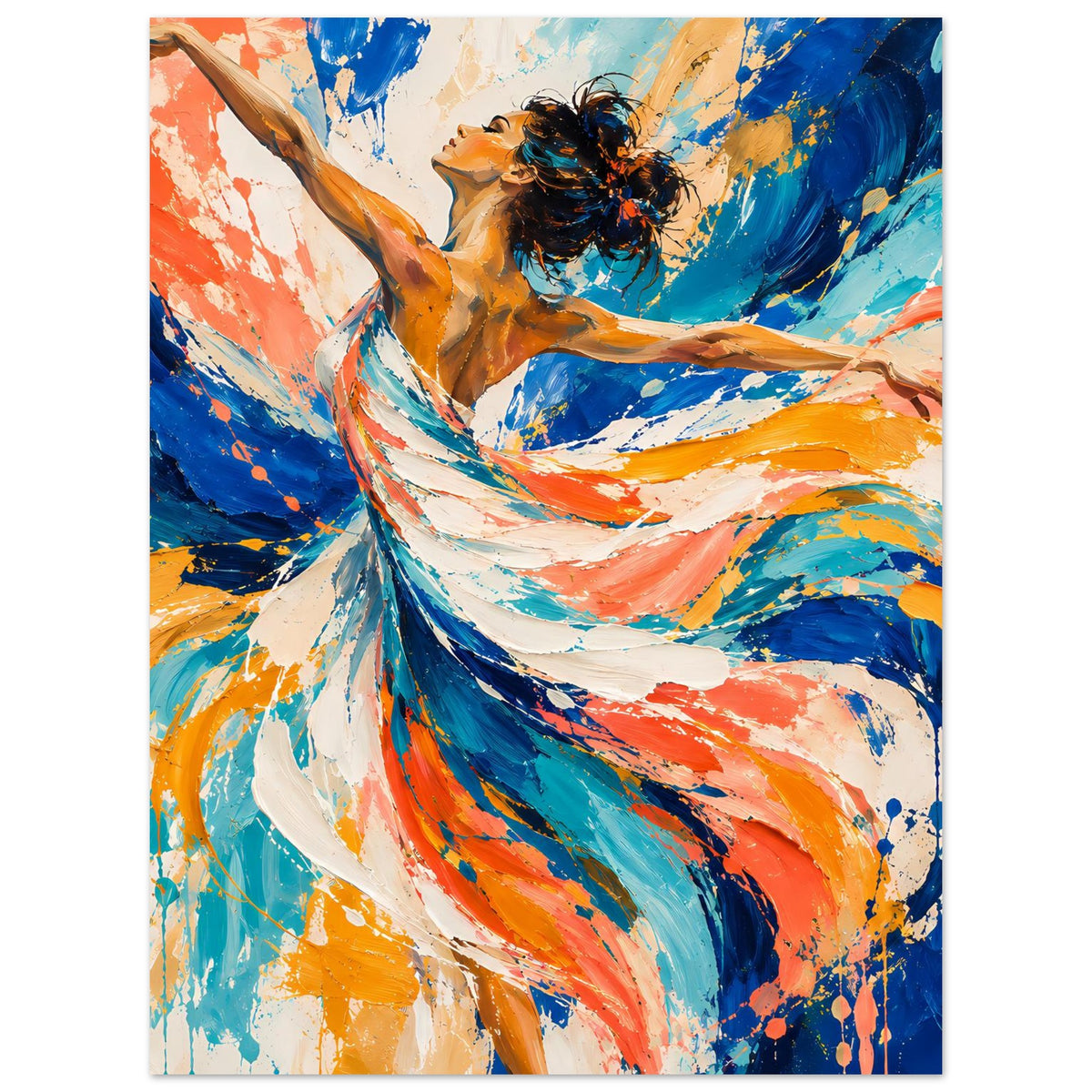 Kunstdruck-Poster Hochformat: abstrakte Tänzerin in Pinselstrichen, Blau, Orange, Weiß, Spritzer.