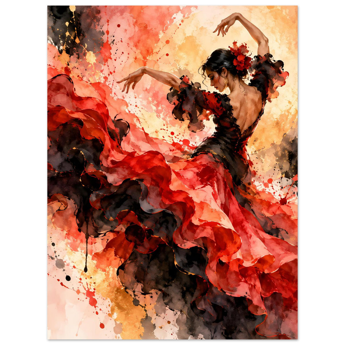 Flamenco-Tanzposter, Tänzerin in Rot und Schwarz, erhobene Arme, Flamencokleid mit Rüschen