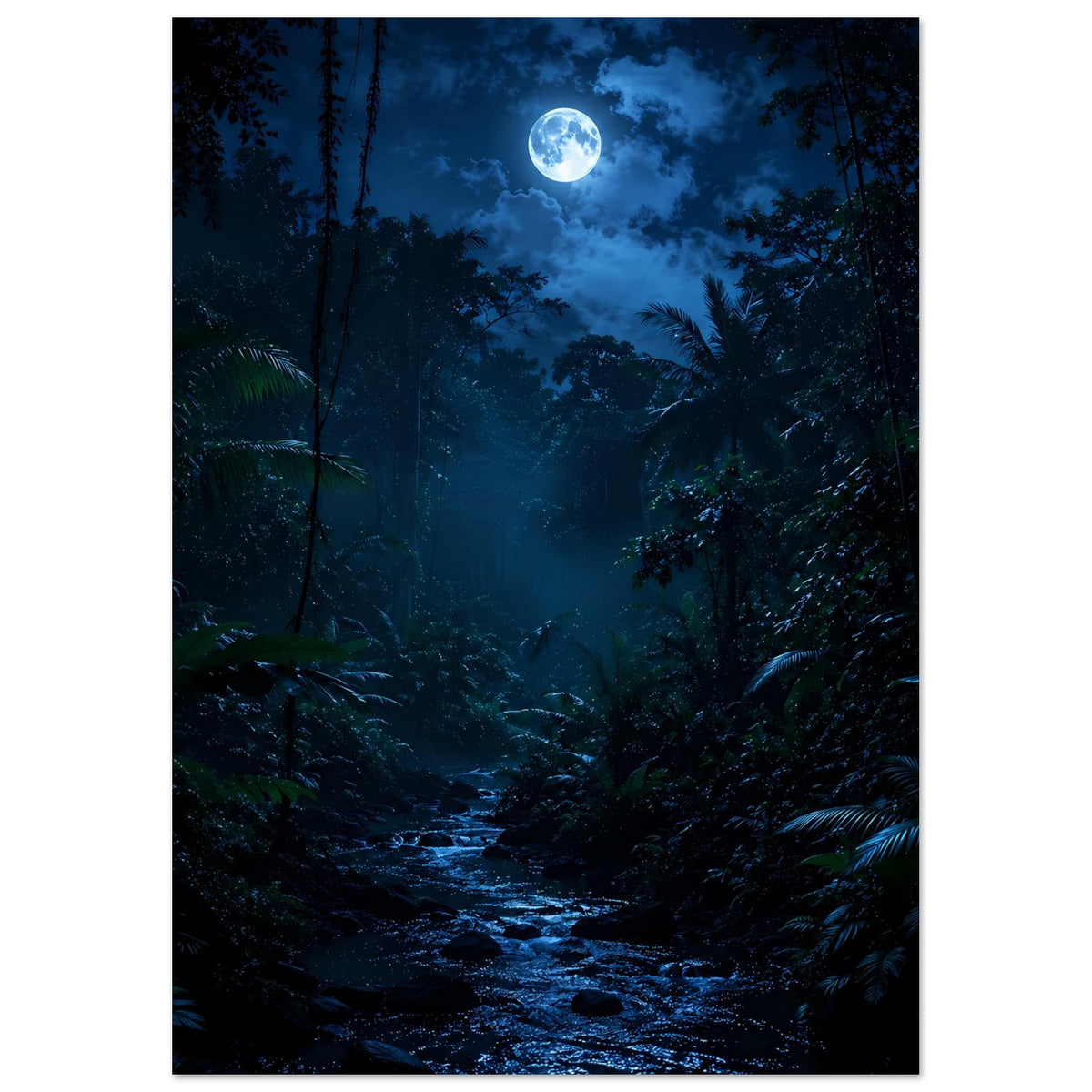 Poster: Dschungelweg bei Mondschein, dunkles Laub und Nebelschleier im Hintergrund