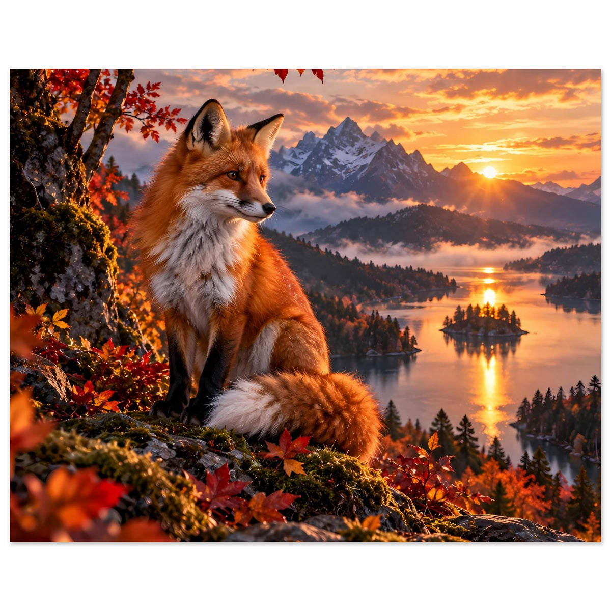 Querformat-Poster mit sitzendem Fuchs: orange Blätter, Sonnenuntergang über See und Berge