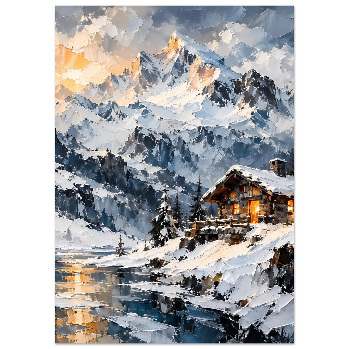 Vertikales Poster mit schneebedeckten Bergen, Taleinschnitt und beleuchteter Berghütte