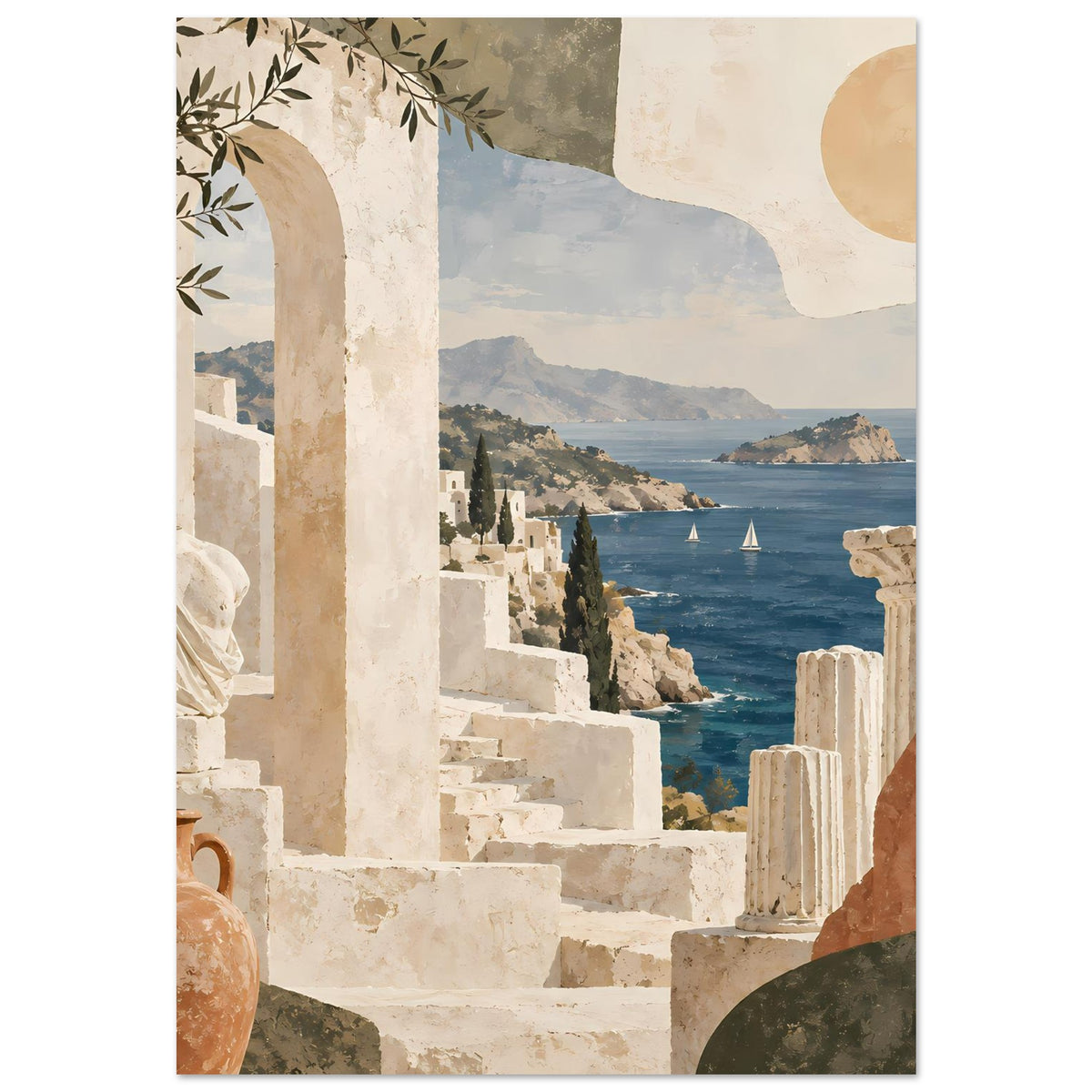 Urlaubs-Poster mit historischer Architektur und Küstenlinie, Steinstufen, Säulen und Booten