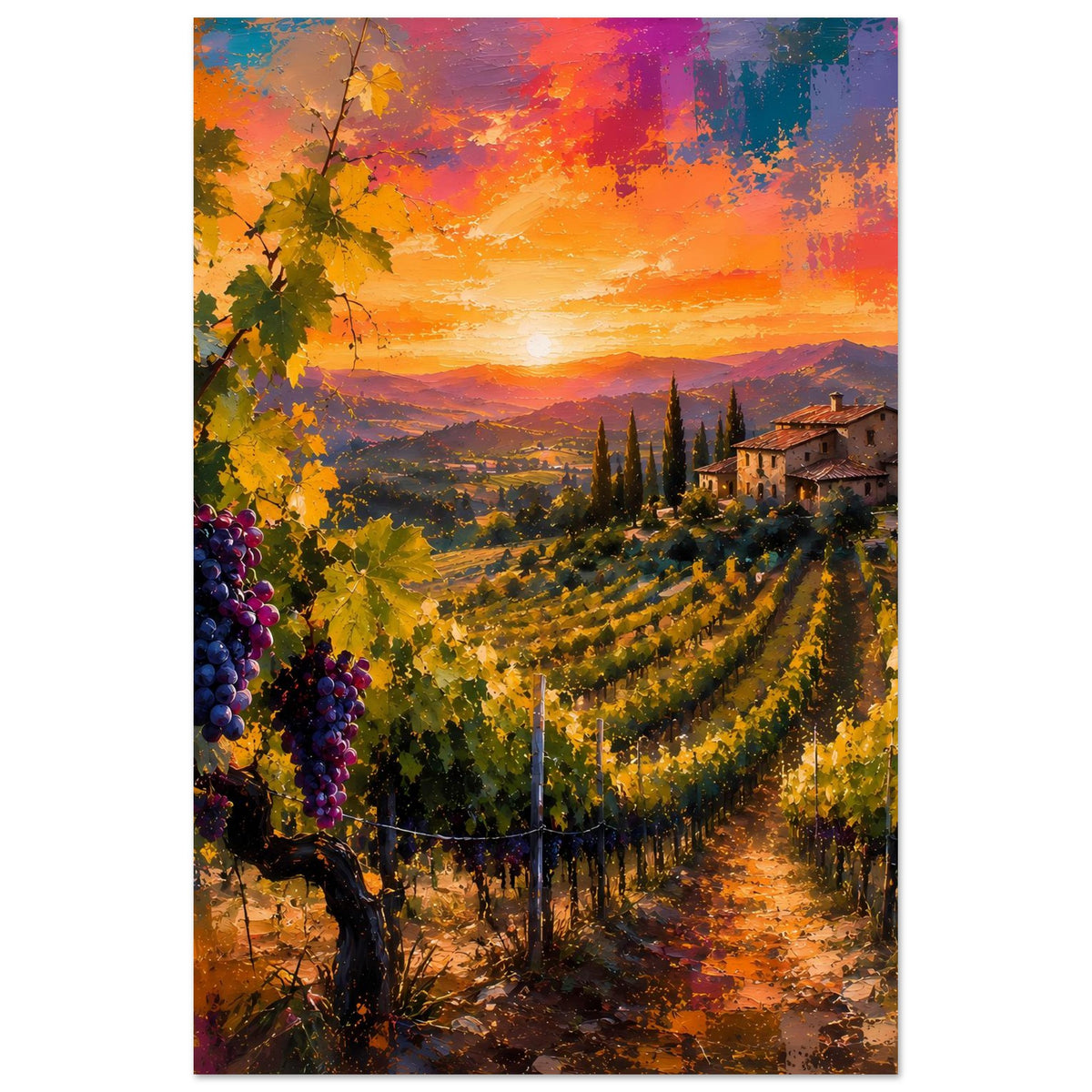 Poster mit toskanischem Landhaus, Weinreben und Trauben im farbenfrohen Sonnenuntergang
