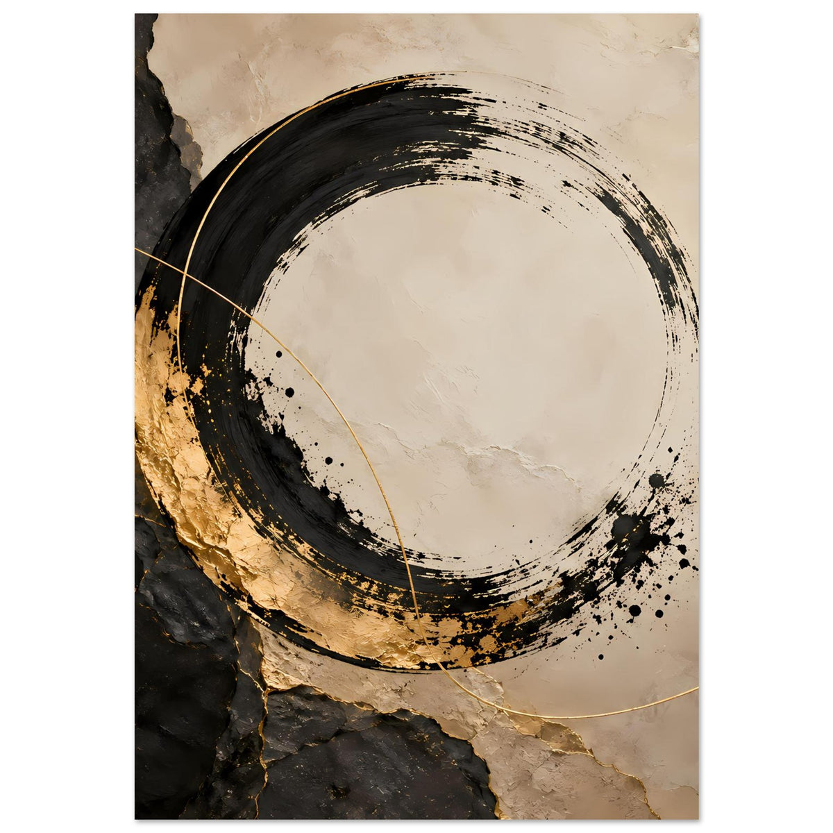 Abstraktes Kunstposter (vertikal) mit rundem schwarzen Pinselring und goldener Linie auf Beige
