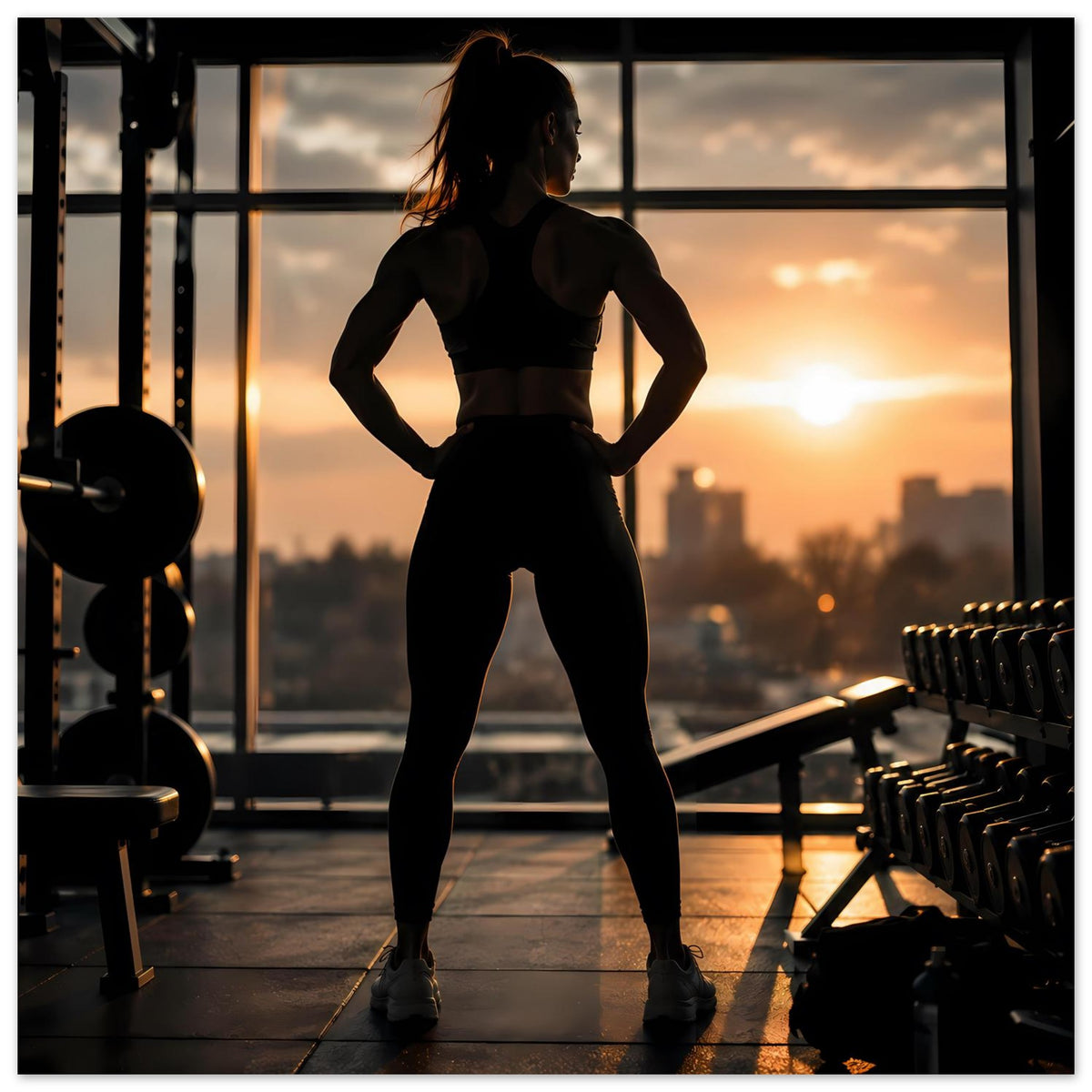 Fitness-Poster mit schwarzer Silhouette einer Frau, seitlich blickend vor Gewichten