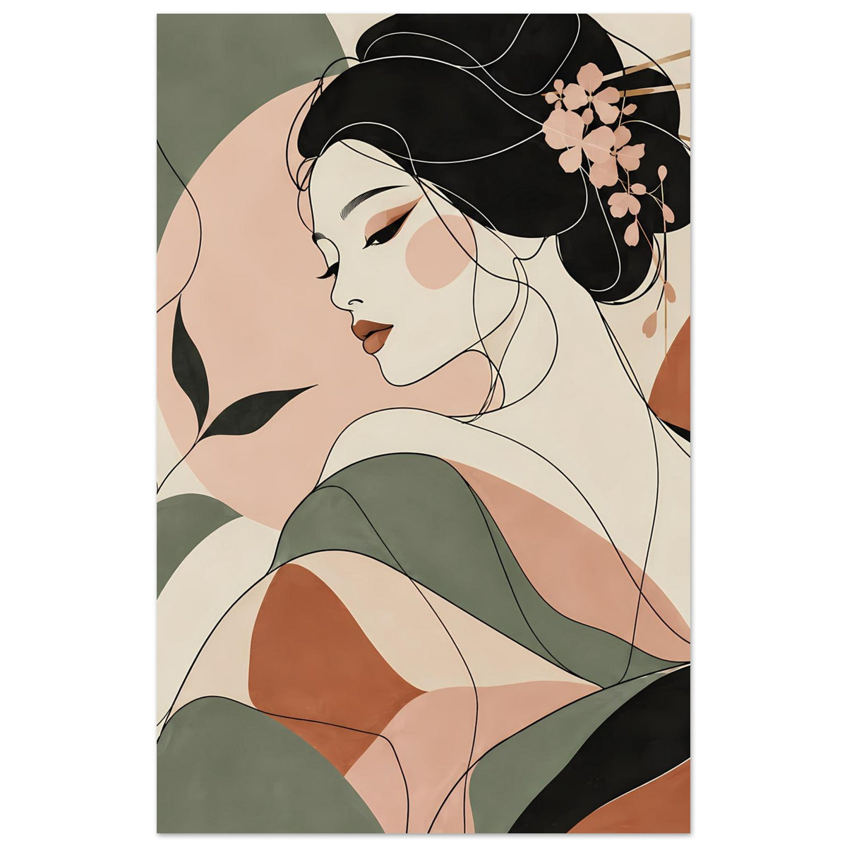 Zen-Poster: Geisha im Linienkunst-Stil, seitliches Porträt, dunkles Haar mit rosa Blumen im Nacken.