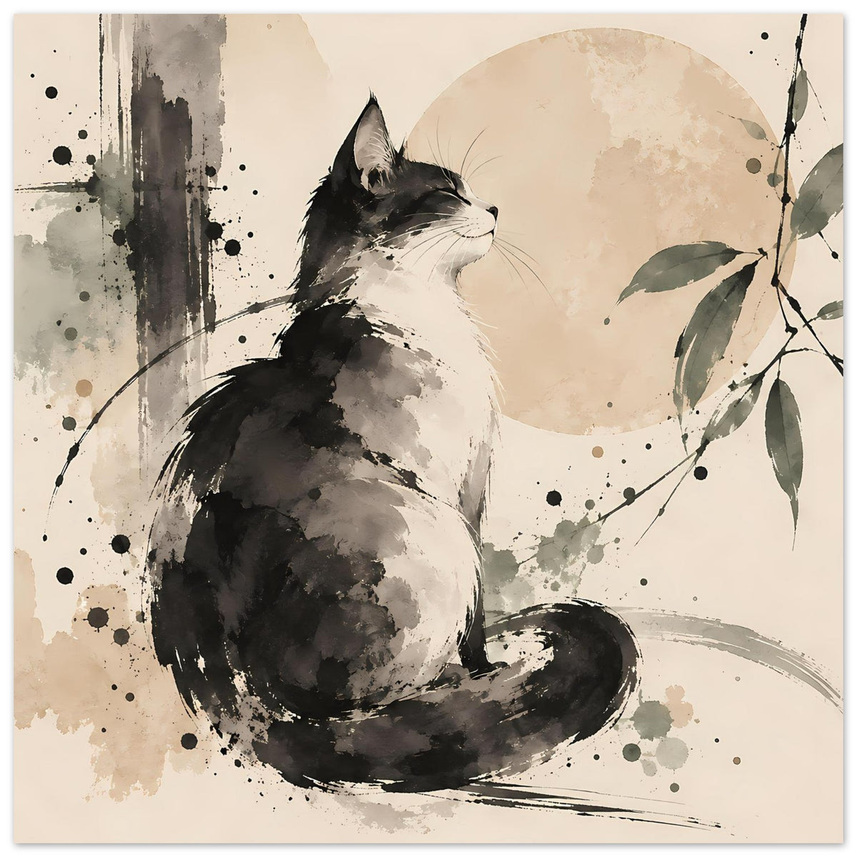 Poster mit sitzender Katze in Schwarz/Grau, aquarellartige Farbflecken und Zweig mit Blättern
