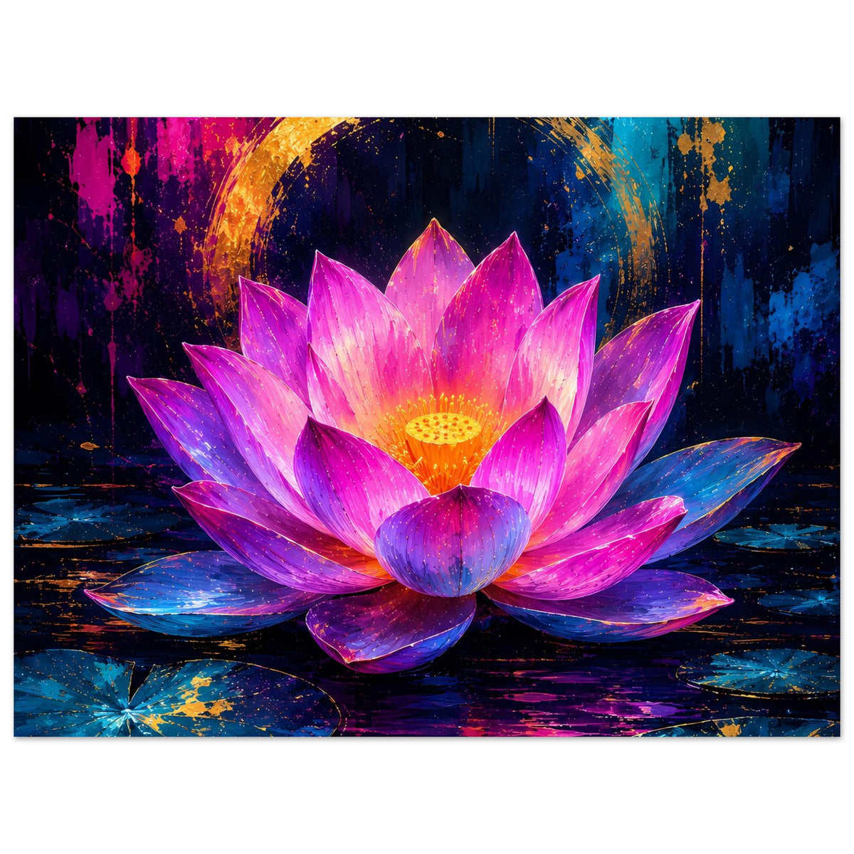 Blumenposter mit Lotusblüte in Rosa und Violett, leuchtender Kern und goldene Akzente