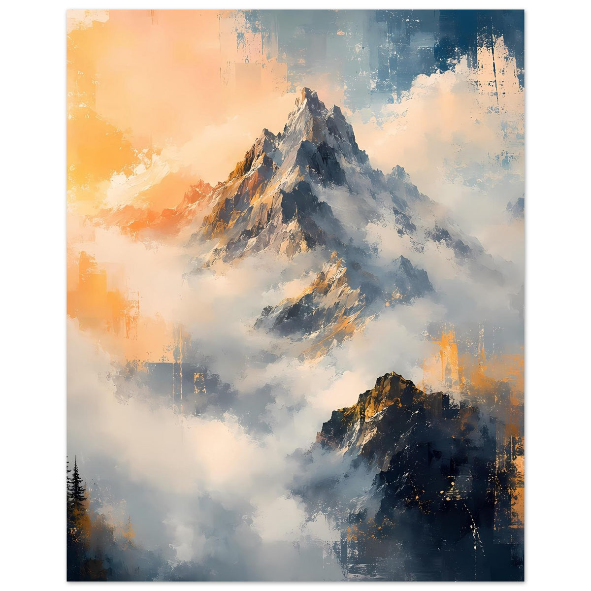 Bergposter im Hochformat: zentrale Gipfel vor wolkigem Hintergrund, orange und blau gesprenkelt