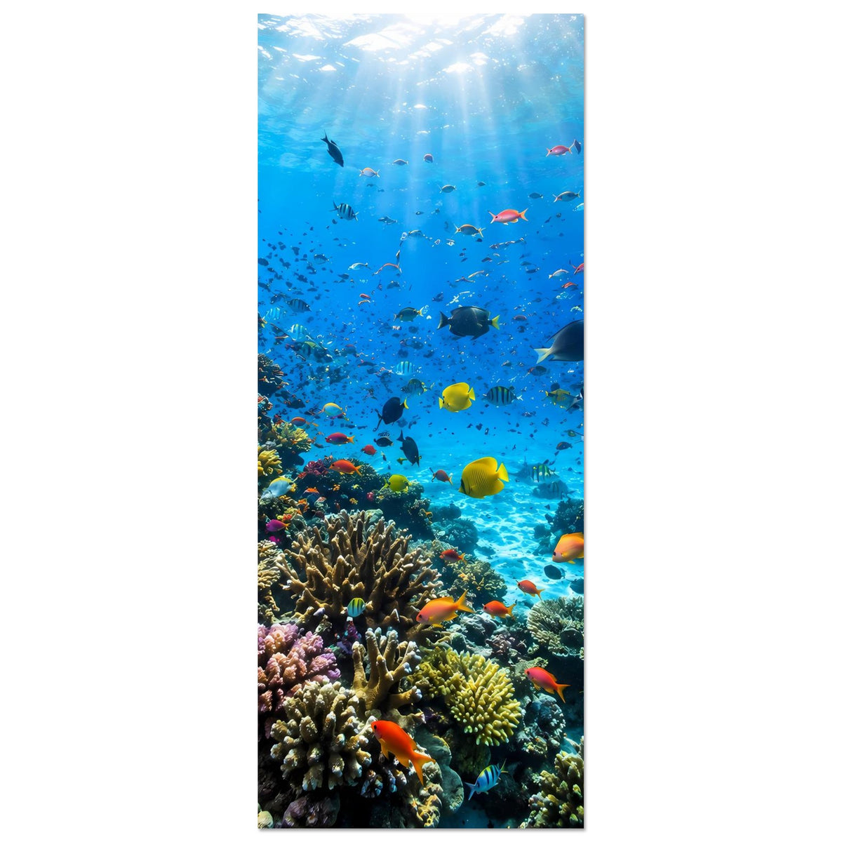 Hochformat-Poster mit Korallenriff und bunten Fischen im blauen Meer