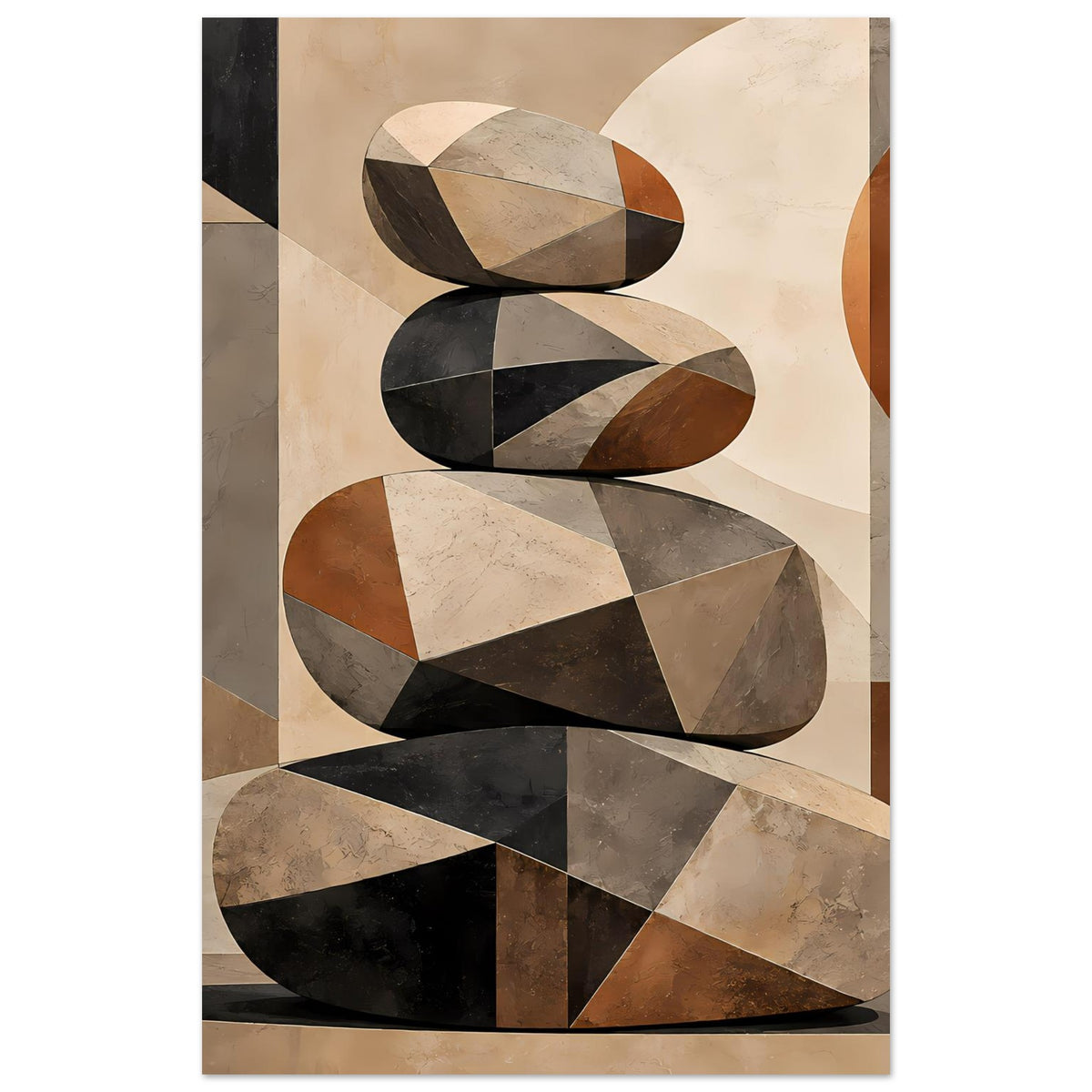 Abstraktes Poster: Steinstapel aus geometrischen Segmenten in warmen Erdtönen.