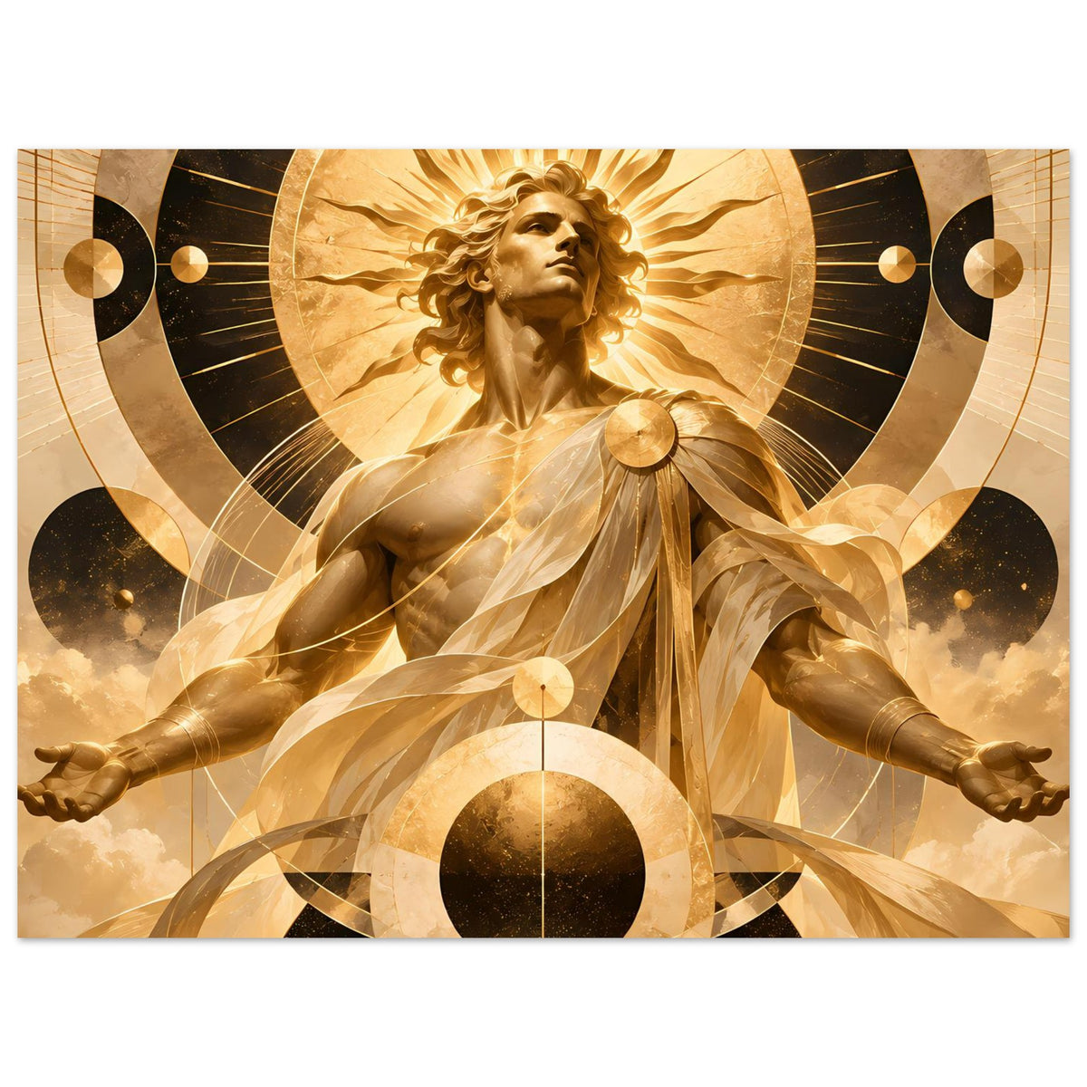 Poster mit goldener Engel-Figur, wehender Robe und dunklen Schattenteilen im Kreisdesign