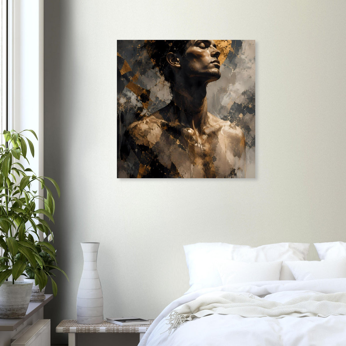 Kunstposter (klein) mit abstraktem Männerporträt, schwarz-goldene Farbstruktur