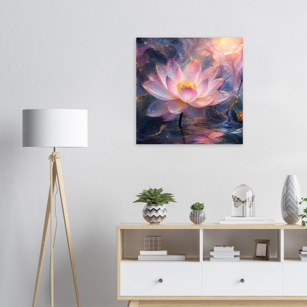 Quadratisches Lotusblüten-Poster mit rosa Lotusblüte, goldenem Zentrum und farbigen Reflexen