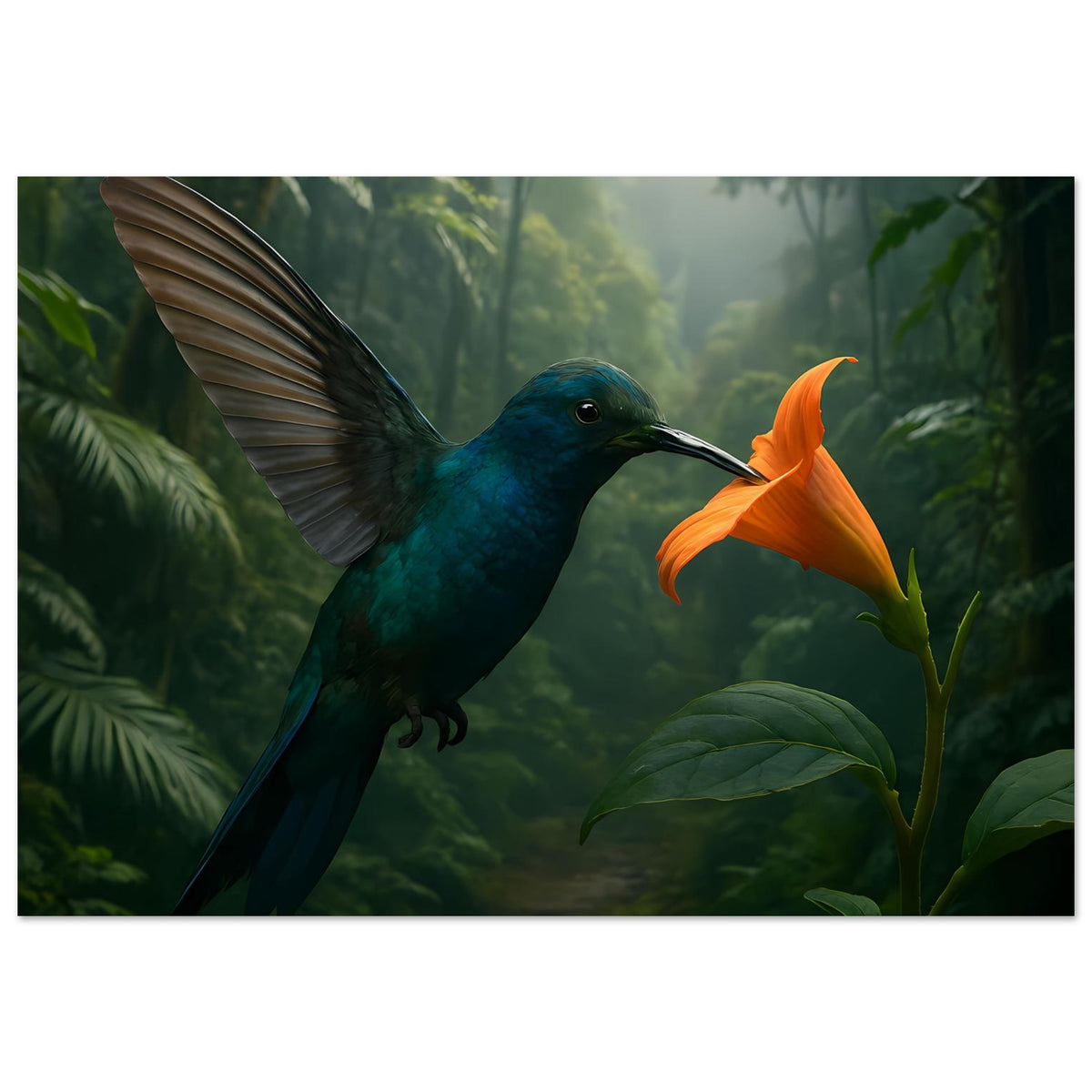 Poster mit blauem Kolibri und orangefarbener Blüte zwischen üppigen grünen Blättern.