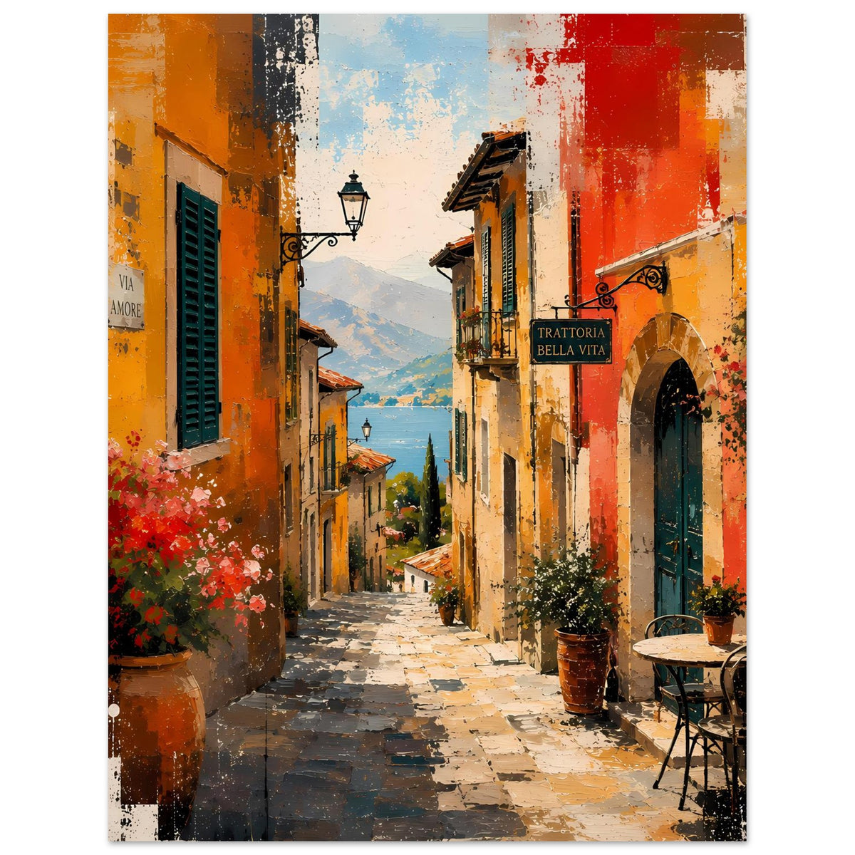 Kunstdruck-Poster mit italienischer Gasse, orange-rote Fassaden, Töpfe und Wegpflaster