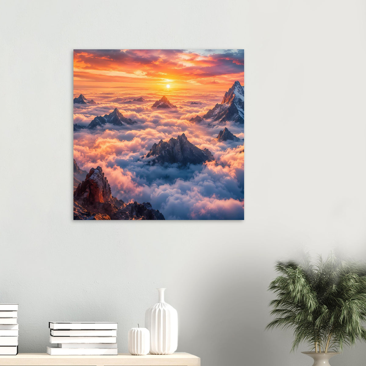 Gerahmtes Poster mit Sonnenaufgang über Berggipfeln und orangefarbenen Wolken