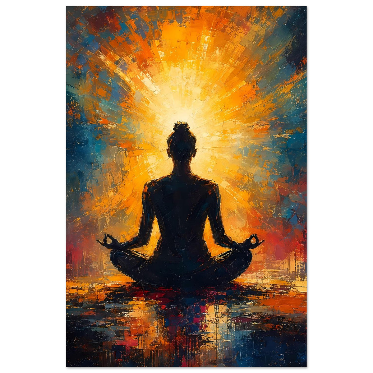 Poster: meditierende schwarze Silhouette, goldener Lichtschein, blau-orange abstrakter Hintergrund